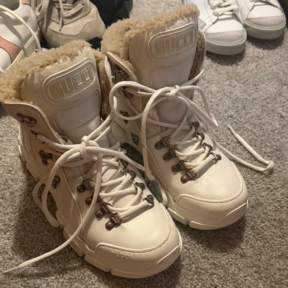 Gucci Cream Shearling-Trim Hiking boots